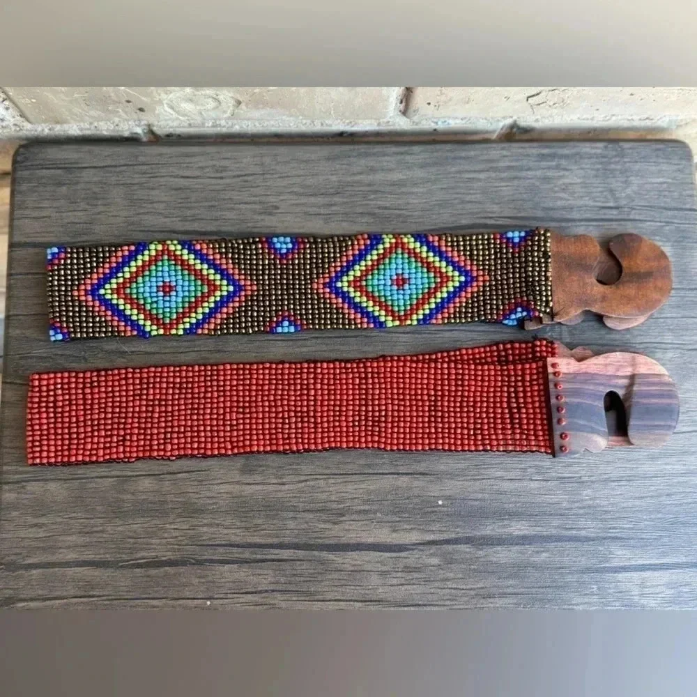 Beaded Elastic Waist Belt with Wooden Buckle - Multi and Red